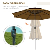 Outsunny 9FT 3 Tiers Outdoor Patio Umbrella with Crank, Push Button Tilt for Deck, Backyard and Lawn, Tan(m-5)