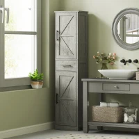 HOMCOM 67" Tall Bathroom Cabinet, Narrow Bathroom Storage Cabinet with Drawer, Barn Doors and Adjustable Shelves, Dark Grey(m-1)