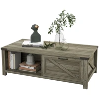 HOMCOM Farmhouse Coffee Table with Storage and Drawer, Rustic Coffee Table for Living Room, Open Shelf, Gray Oak(m-11)