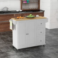HOMCOM Kitchen Island with Drop Leaf, Rolling Kitchen Cart on Wheels with 3 Drawers, Cabinet, Natural Wood Top, Spice Rack and Towel Rack, White(m-2)