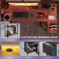 HOMCOM 58" Reversible L Shaped Computer Desk, Corner Desk with Monitor Stand, Power Outlets and LED Lights, Rustic Brown(m-4)