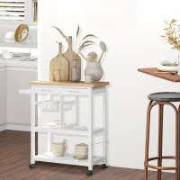 HOMCOM Wooden Rolling Kitchen Trolley Wood Top Island Storage Serving Cart Included Wine Rack with Drawers White(m-8)