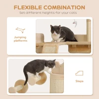 PawHut 4pc Corner Design Cat Wall Shelf with Scratching Post, Scratching Board, Perches, Cat Wands & Toy Ball, Beige(m-5)