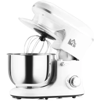 HOMCOM Stand Mixer with 6+1P Speed, 600W Tilt Head Kitchen Electric Mixer with 6 Qt Stainless Steel Mixing Bowl, Beater, Dough Hook and Splash Guard for Baking Bread, Cakes, and Cookies, White(m-11)
