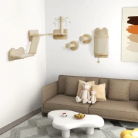 PawHut 4pc Corner Design Cat Wall Shelf with Scratching Post, Scratching Board, Perches, Cat Wands & Toy Ball, Beige(m-10)