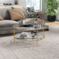 HOMCOM Side Table with Storage, 36" Round End Table, 2-Tier Tempered Glass Coffee Table with Steel Frame for Living Room, Gold(m-10)