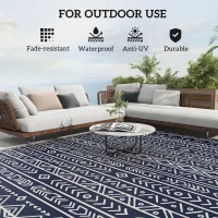 Outsunny Reversible Outdoor Rug, Waterproof Plastic Straw with Carry Bag, 8' x 10', Blue & White Geometric(m-6)