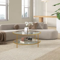 HOMCOM Side Table with Storage, 36" Round End Table, 2-Tier Tempered Glass Coffee Table with Steel Frame for Living Room, Gold(m-7)