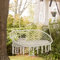 Outsunny Patio Hammock Chair 2 Seat, Hanging Rope Hammock Swing Chair with Metal Frame and Cushion, Large Macrame Seat for Indoor and Outdoor 396 lbs Capacity, Cream White(m-1)