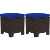 Outsunny 2 Piece Wicker Outdoor Ottomans with Cushions, Rattan Ottoman Footrest and Side Table for Patio, Yard, Poolside, Dark Blue(m-1)