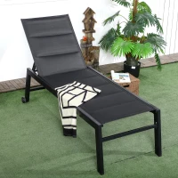 Outsunny Outdoor Chaise Lounge with Wheels, Five Position Recliner for Sunbathing, Suntanning, Steel Frame, Breathable Fabric for Beach, Yard, Patio, Black(m-2)
