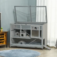 PawHut Wooden 3-Tier Hamster Cage Hutch Box with Ladder Wheels for Small Animals, Dark Gray(m-10)