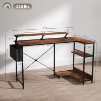 HOMCOM 58" Reversible L Shaped Computer Desk, Corner Desk with Monitor Stand, Power Outlets and LED Lights, Rustic Brown(m-3)