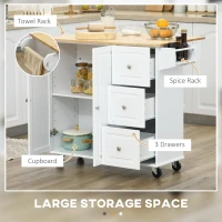 HOMCOM Kitchen Island with Drop Leaf, Rolling Kitchen Cart on Wheels with 3 Drawers, Cabinet, Natural Wood Top, Spice Rack and Towel Rack, White(m-4)