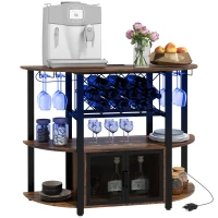 HOMCOM Wine Bar Cabinet with Charging Station, LED Lighted Liquor Cabinet with Wine Racks and Glass Holders, Rustic Brown(m-11)
