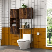 kleankin Over The Toilet Cabinet, Industrial Bathroom Above Toilet Storage with Double Door Cupboard and Adjustable Shelf, Brown(m-10)