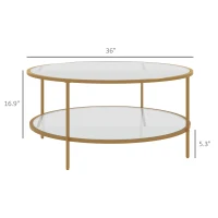 HOMCOM Side Table with Storage, 36" Round End Table, 2-Tier Tempered Glass Coffee Table with Steel Frame for Living Room, Gold(m-3)