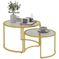 HOMCOM Round Coffee Table Set of 2, Modern Nesting Tables with Tempered Glass Top and Steel Frame for Living Room, Gold(m-2)