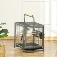 PawHut 18" Parrot Travel Carrier, Heavy Duty Wrought Iron Travel Bird Cage Carrier With Handle Perch And Accessories, Black(m-10)