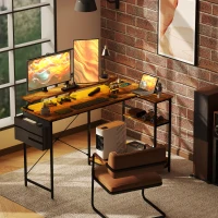 HOMCOM 58" Reversible L Shaped Computer Desk, Corner Desk with Monitor Stand, Power Outlets and LED Lights, Rustic Brown(m-10)