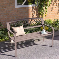 Outsunny 50" Outdoor Bench, Metal Garden Bench with Floral Pattern Backrest, Porch Bench with Slatted Seat for Park, Yard, Lawn, Brown(m-2)