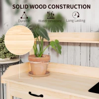 Outsunny Potting Bench Table, Outdoor Garden Table Wooden Work Station with Removable Sink, Faucet, Drawer, Shelves, Hooks, Natural Wood(m-7)