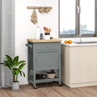 HOMCOM Kitchen Island on Wheels, Rolling Kitchen Cart with Rubberwood Top, Drawer, Wine Rack and Cabinet, Gray(m-10)