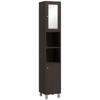kleankin Tall Bathroom Cabinet w/ Mirror, Narrow Bathroom Storage Cabinet, Slim Linen Tower w/ Doors & Adjustable Shelves, Coffee(m-11)