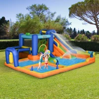 Outsunny 7 in 1 Water Slide w/ Slide Pool Climbing Wall Water Cannon Basketball Hoop Boxing Post Football Stand for 3-8 Years(m-10)