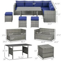 Outsunny 7 Piece Rattan Patio Furniture Set, Outdoor L-Shaped Sectional Sofa Conversation Set with Cushions, Storage, Dark Blue(m-3)