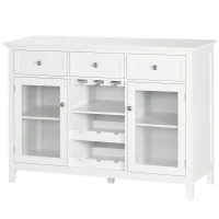 HOMCOM Coffee Bar Cabinet with 3 Drawers, 6-Bottle Wine Rack, Stemware Racks, Glass Door, Sideboard Buffet Cabinet, Wine Cabinet, White(m-11)