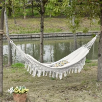 Outsunny Extra Large Boho Hammock with Macrame Tassel Fringe, Includes Carrying Bag, Indoor Outdoor Tree Hammock for Porch, Backyard, Camping, White(m-10)
