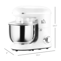 HOMCOM Stand Mixer with 6+1P Speed, 600W Tilt Head Kitchen Electric Mixer with 6 Qt Stainless Steel Mixing Bowl, Beater, Dough Hook and Splash Guard for Baking Bread, Cakes, and Cookies, White(m-3)