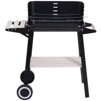 Outsunny Trolley Charcoal BBQ Barbecue Grill Outdoor Patio Garden Heating Smoker with Side Trays Storage Shelf and Wheels(m-11)