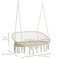 Outsunny Patio Hammock Chair 2 Seat, Hanging Rope Hammock Swing Chair with Metal Frame and Cushion, Large Macrame Seat for Indoor and Outdoor 396 lbs Capacity, Cream White(m-3)