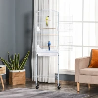 PawHut 60" Metal Indoor Bird Cage Starter Kit with Detachable Rolling Stand, Storage Basket, and Accessories, White(m-8)