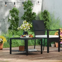 Outsunny 23.6" Rattan End Table, Outdoor Coffee Table with Tempered Glass Top, Storage Shelf for Patio, Garden, Balcony, Black(m-7)