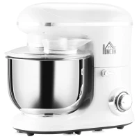 HOMCOM Stand Mixer with 6+1P Speed, 600W Tilt Head Kitchen Electric Mixer with 6 Qt Stainless Steel Mixing Bowl, Beater, Dough Hook and Splash Guard for Baking Bread, Cakes, and Cookies, White(m-1)