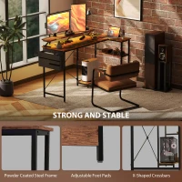 HOMCOM 58" Reversible L Shaped Computer Desk, Corner Desk with Monitor Stand, Power Outlets and LED Lights, Rustic Brown(m-9)