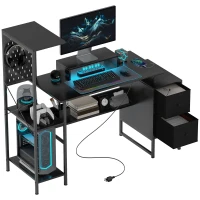 HOMCOM 56" Computer Desk with Storage, Computer Table with Power Outlets and LED Lights, Black(m-11)