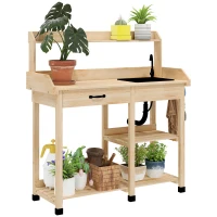 Outsunny Potting Bench Table, Outdoor Garden Table Wooden Work Station with Removable Sink, Faucet, Drawer, Shelves, Hooks, Natural Wood(m-1)