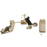 PawHut 4pc Corner Design Cat Wall Shelf with Scratching Post, Scratching Board, Perches, Cat Wands & Toy Ball, Beige