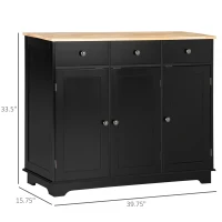 HOMCOM Kitchen Storage Cabinet, Sideboard Floor Cupboard with Solid Wood Top, Adjustable Shelf, and 3 Drawers, Black(m-3)