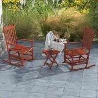 Outsunny Outdoor Rocking Chair Set of 2 with Side Table, Patio Wooden Rocking Chair with Smooth Armrests, High Back for Garden, Balcony, Porch, Supports Up to 352 lbs. , Wine Red(m-2)