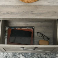 HOMCOM Farmhouse Coffee Table with Storage and Drawer, Rustic Coffee Table for Living Room, Open Shelf, Gray Oak(m-7)