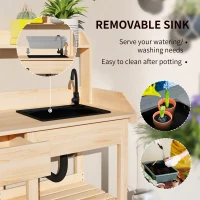 Outsunny Potting Bench Table, Outdoor Garden Table Wooden Work Station with Removable Sink, Faucet, Drawer, Shelves, Hooks, Natural Wood(m-4)