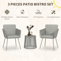 Outsunny 3 Piece Outdoor Patio Bistro Set, Wicker Rattan Furniture with Metal Legs for Garden, Backyard, Light Grey(m-4)