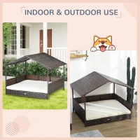 PawHut Outdoor Dog Bed with Canopy, Rattan Dog Bed with Soft Cushion Removable Cover for Medium and Large Dogs, Cream White(m-4)