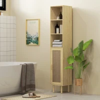 HOMCOM Tall Bathroom Cabinet with Rattan Doors, Freestanding Bathroom Storage Cabinet with Adjustable Shelves, Distressed Oak(m-10)