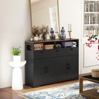 HOMCOM Sideboard, Buffet Cabinet with 4 Barn Doors and 3 Drawers, Coffee Bar Cabinet with Adjustable Shelves, Black(m-7)